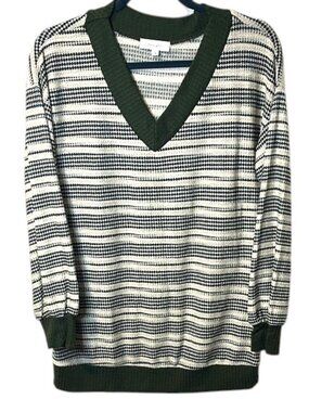 Hailey & Co. Striped V-Neck Sweater in Green and Cream, Size S